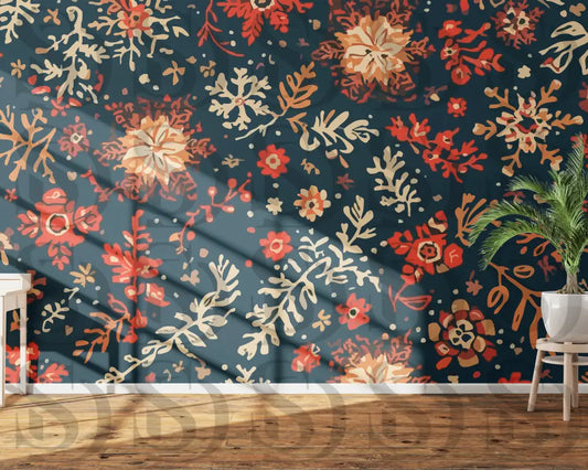 Room interior mockup featuring a dark midnight blue wallpaper with warm coral and peach floral seamless pattern, sunlight casting shadows across the wall.