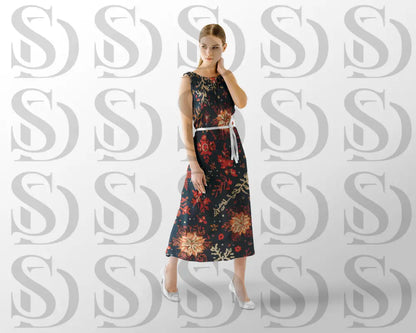 Fashion mockup of a model wearing a long dress printed with a dark blue seamless floral pattern in coral, peach, and beige tones.