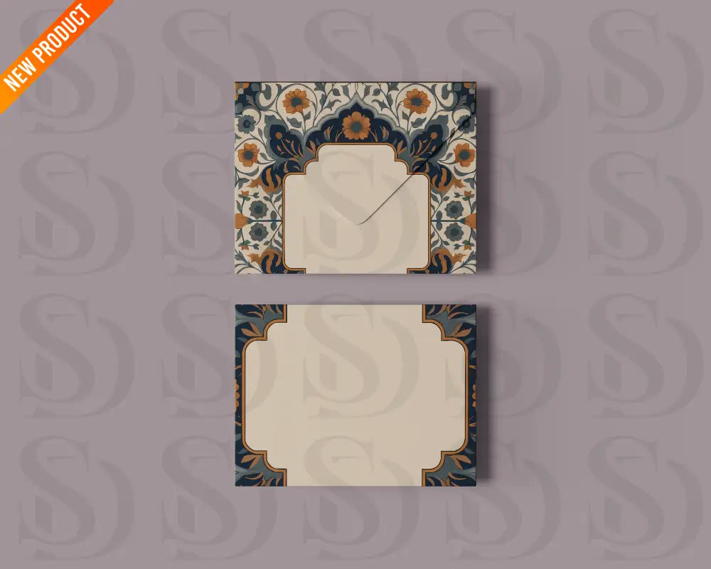 Wedding card and matching envelope mockup showcasing a midnight blue and gold Mughal floral frame on a soft lavender backdrop.