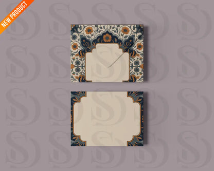 Wedding card and matching envelope mockup showcasing a midnight blue and gold Mughal floral frame on a soft lavender backdrop.