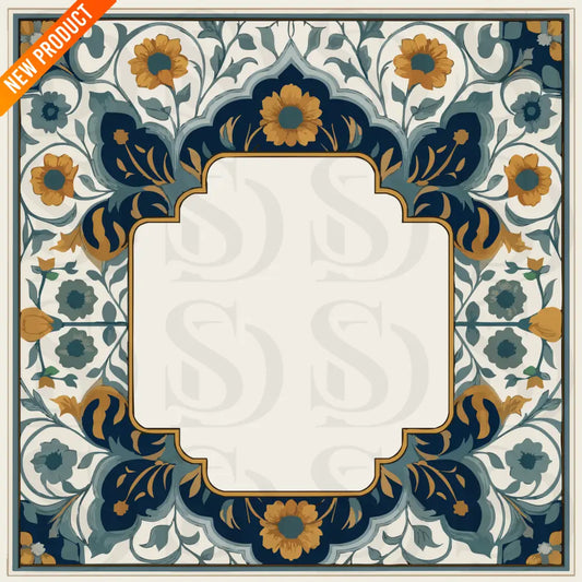 Mughal-inspired floral frame artwork featuring deep blue, gold, and teal botanical motifs with an ornate center panel on a cream background.