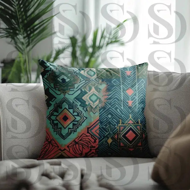 Decorative cushion featuring modern tribal geometric pattern for home decor