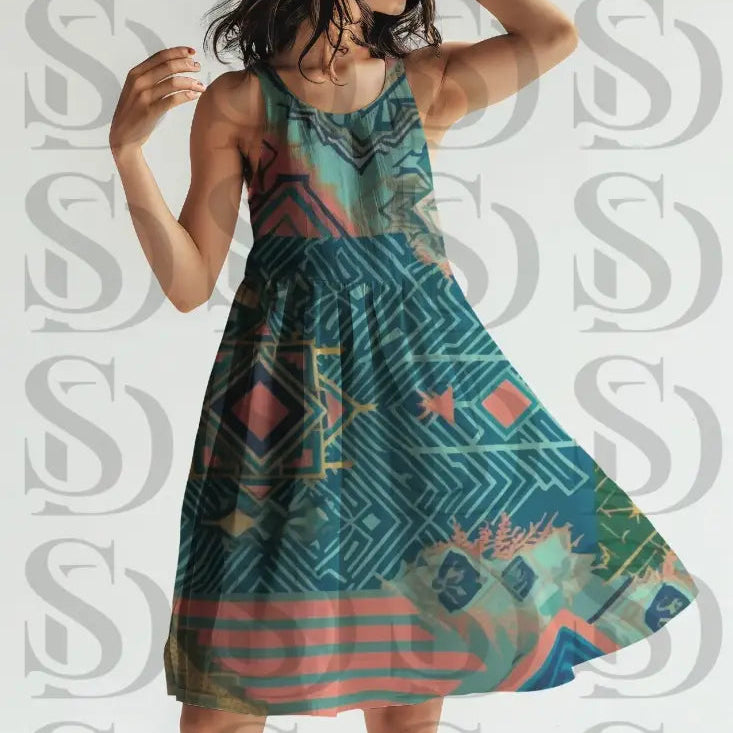Modern geometric tribal pattern applied on sleeveless fashion dress mockup