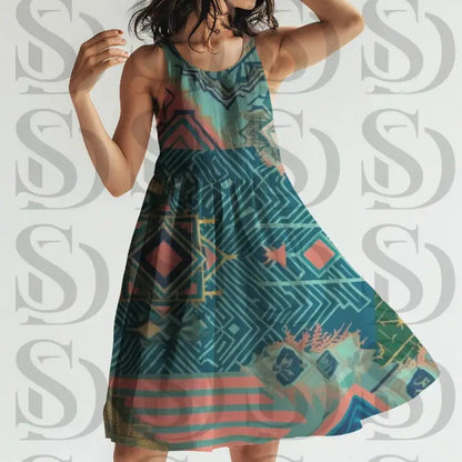 Modern geometric tribal pattern applied on sleeveless fashion dress mockup