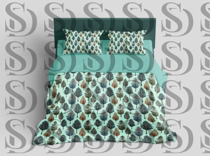 Modern leaf harmony botanical pattern displayed on a stylish bedding mockup