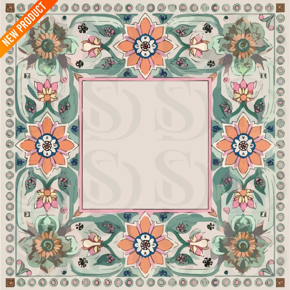 Square Mughal-inspired wedding card design with peach and green florals, ornate borders, and a blank center panel for text.