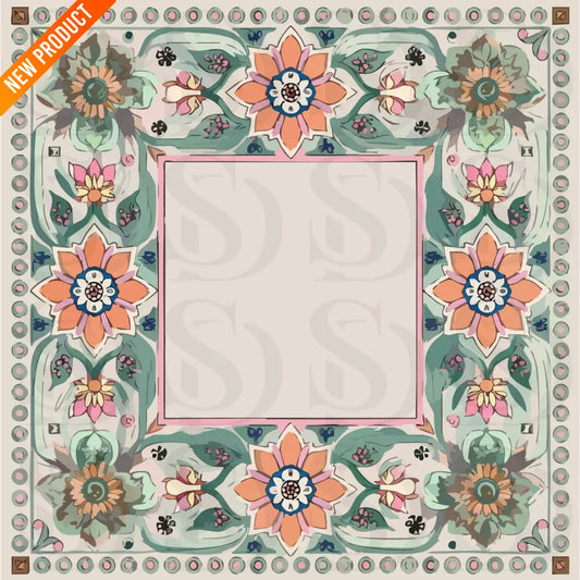 Square Mughal-inspired wedding card design with peach and green florals, ornate borders, and a blank center panel for text.