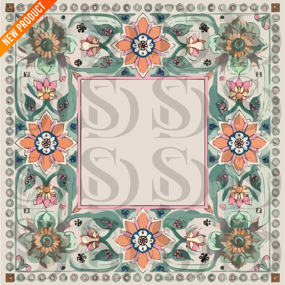 Square Mughal-inspired wedding card design with peach and green florals, ornate borders, and a blank center panel for text.