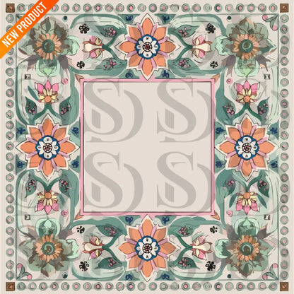 Square Mughal-inspired wedding card design with peach and green florals, ornate borders, and a blank center panel for text.