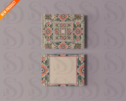 Two greeting card mockups featuring the Mughal floral card design, displayed with an envelope on a soft lavender background.