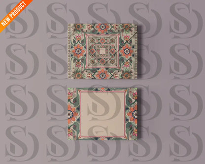 Two greeting card mockups featuring the Mughal floral card design, displayed with an envelope on a soft lavender background.