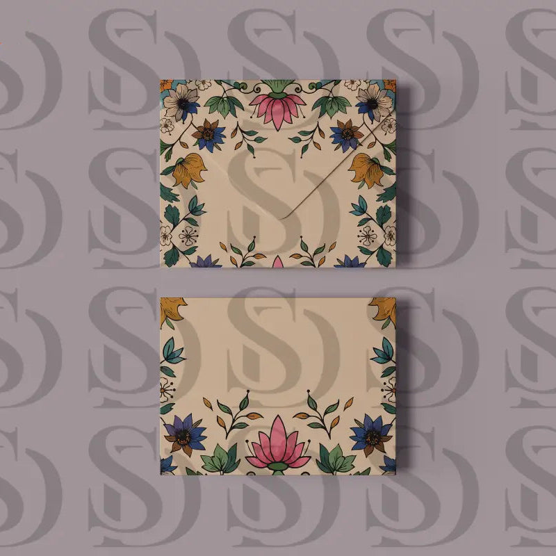 Envelope and card mockup showcasing Mughal floral frame artwork displayed on a soft lavender background.