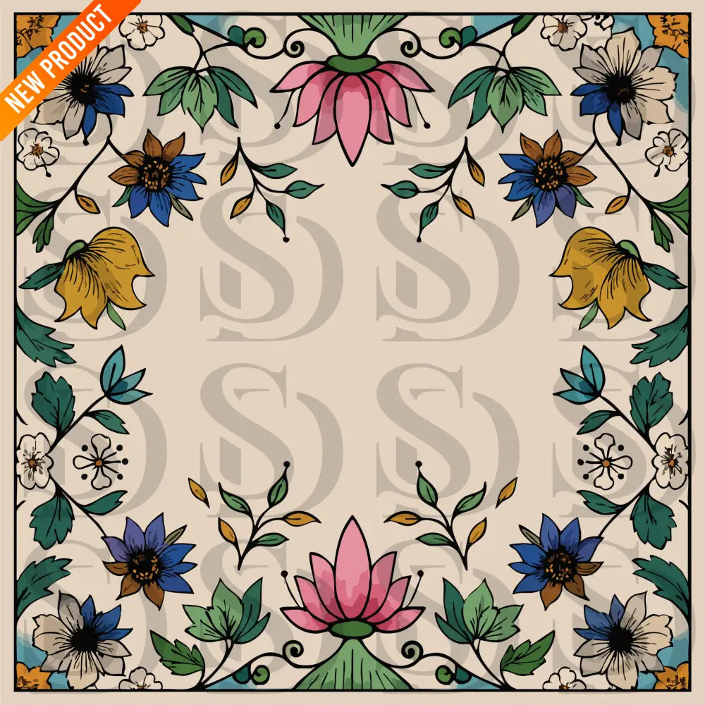 Square Mughal-inspired floral wedding card artwork featuring lotus motifs, botanical vines, and a blank center frame on a warm beige background.