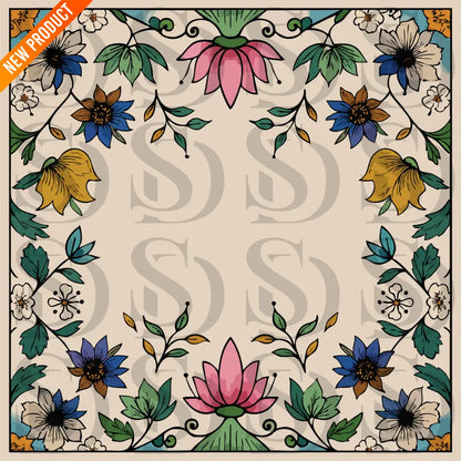 Square Mughal-inspired floral wedding card artwork featuring lotus motifs, botanical vines, and a blank center frame on a warm beige background.