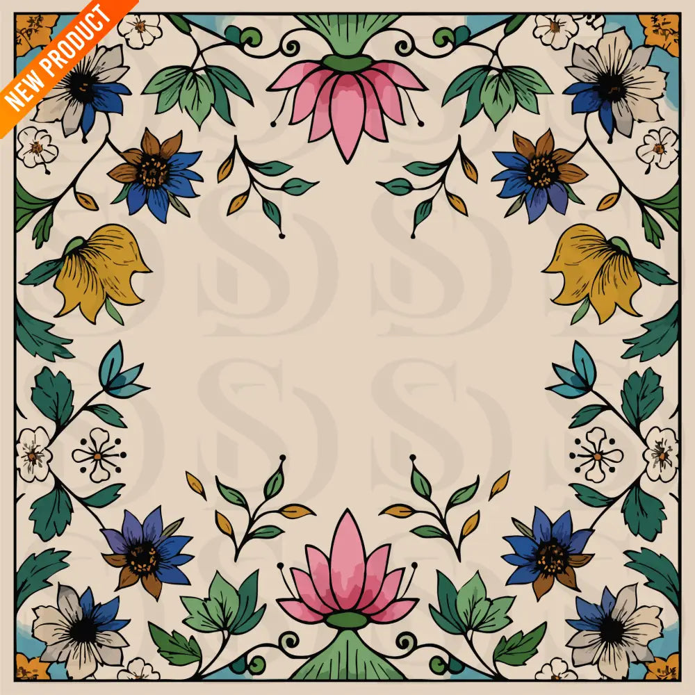 Square Mughal-inspired floral wedding card artwork featuring lotus motifs, botanical vines, and a blank center frame on a warm beige background.