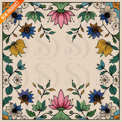 Square Mughal-inspired floral wedding card artwork featuring lotus motifs, botanical vines, and a blank center frame on a warm beige background.