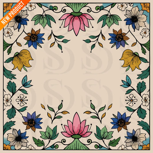 Square Mughal-inspired floral wedding card artwork featuring lotus motifs, botanical vines, and a blank center frame on a warm beige background.