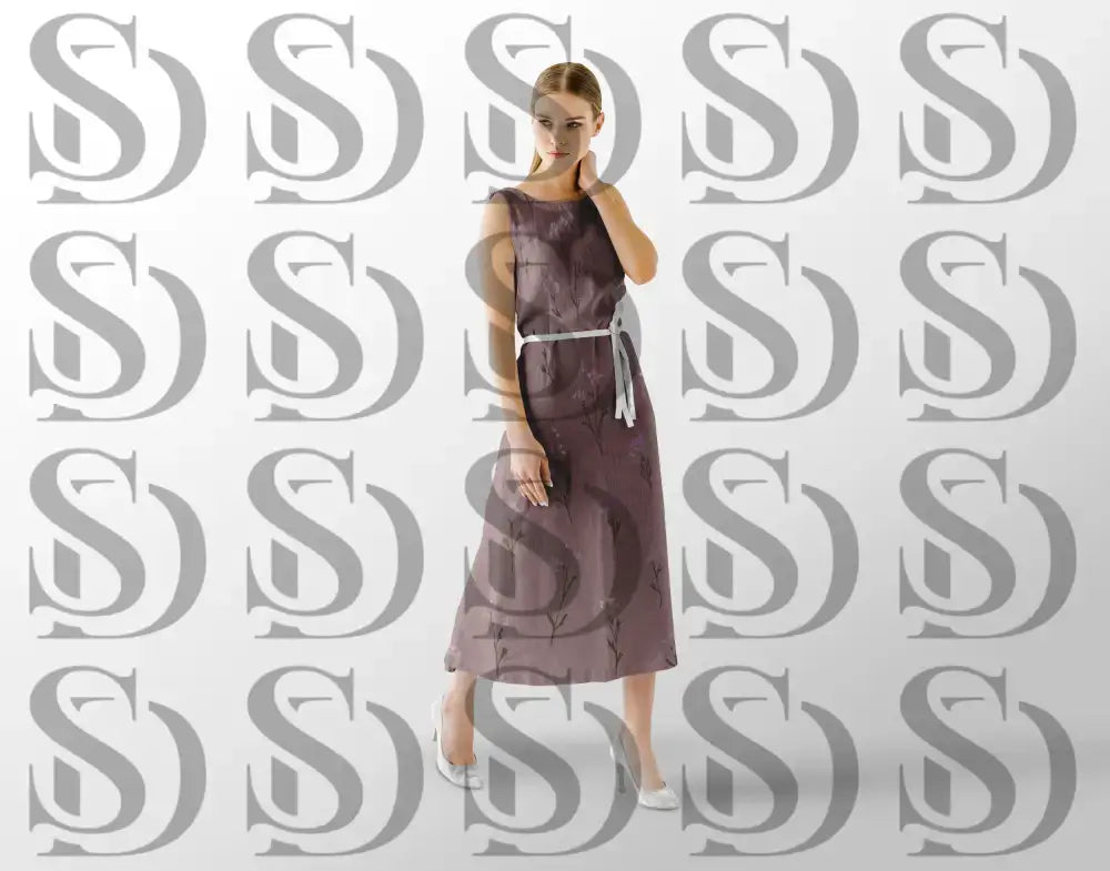 Flowing fabric dress showcasing muted lavender wildflower botanical print