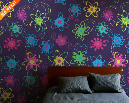 Neon Atomic Orbit Doodles Seamless Pattern