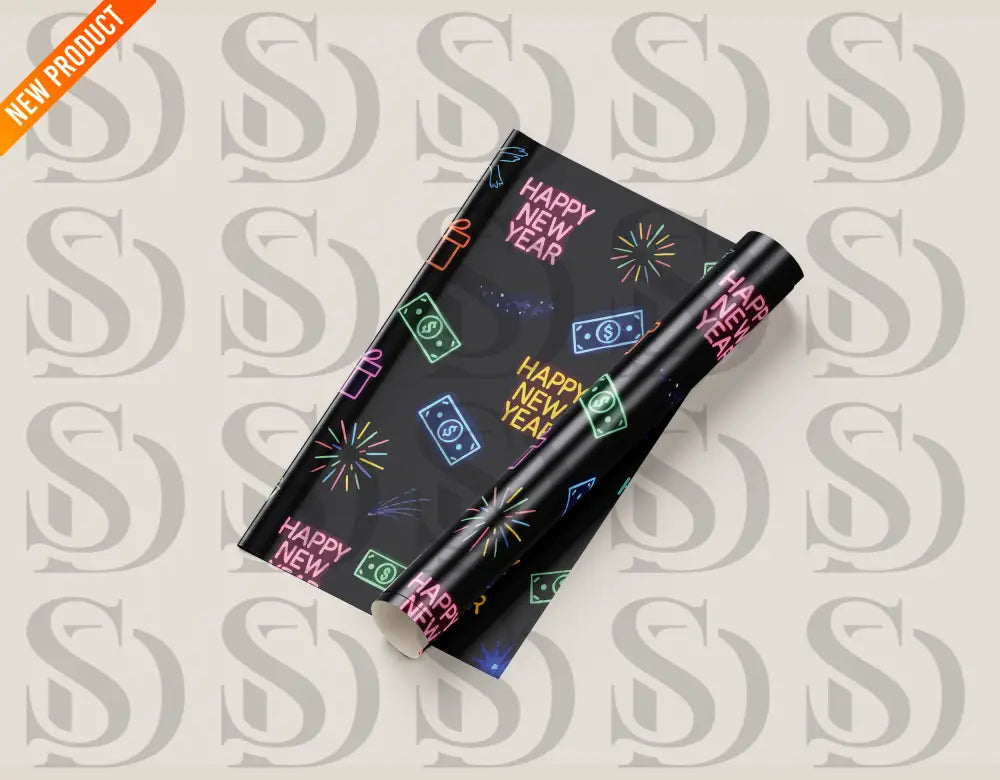 Wrapping paper mockup showcasing neon Happy New Year pattern with colorful glowing illustrations on black