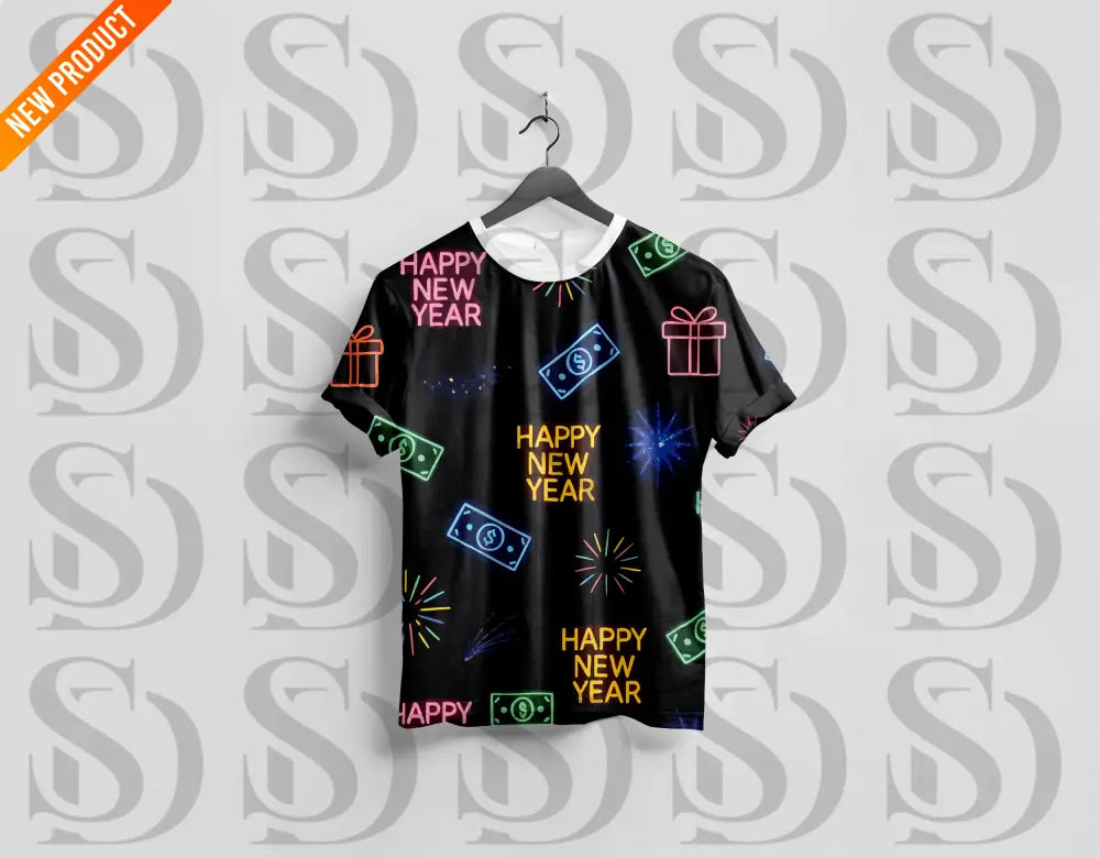 T-shirt mockup featuring neon Happy New Year seamless pattern with glowing gifts, money icons, and fireworks.