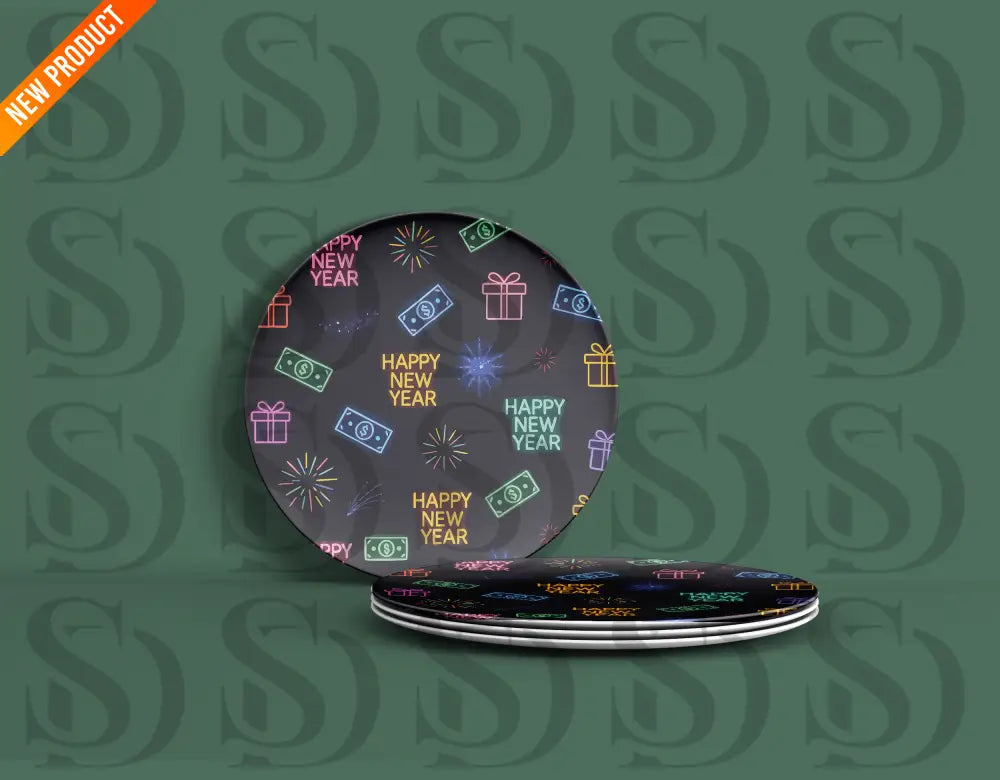 Round plates printed with neon Happy New Year pattern including neon gifts, money signs, fireworks, and text
