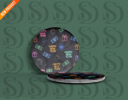 Round plates printed with neon Happy New Year pattern including neon gifts, money signs, fireworks, and text
