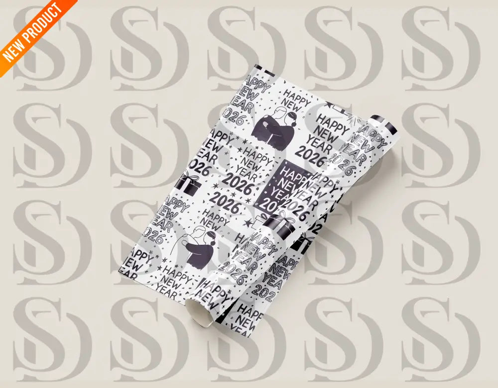 New Year 2026 celebration wrapping paper pattern featuring fireworks and gift boxes in festive colors.