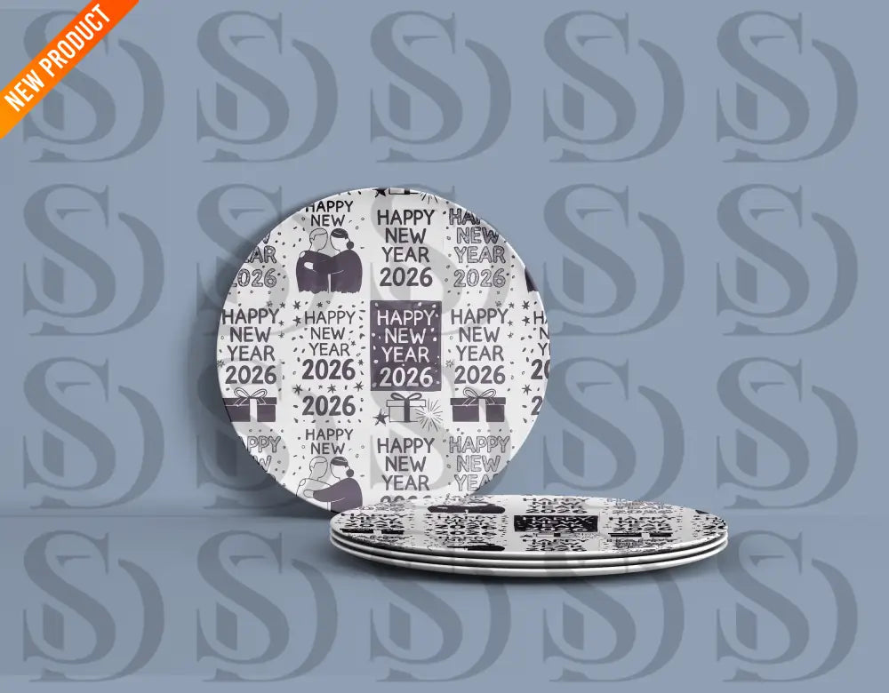 Happy New Year 2026 seamless pattern on plates with vibrant and festive colors.