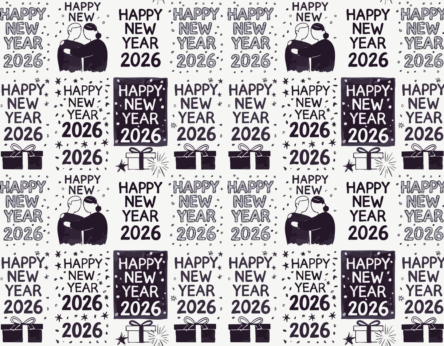 New Year 2026 celebration pattern for wrapping paper featuring colorful fireworks and cheerful typography.