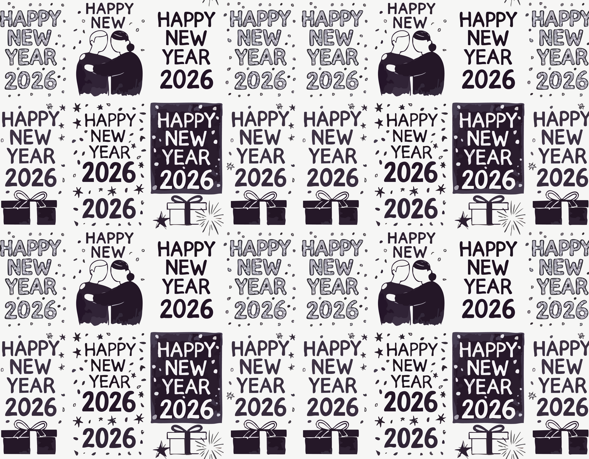 New Year 2026 celebration pattern for wrapping paper featuring colorful fireworks and cheerful typography.