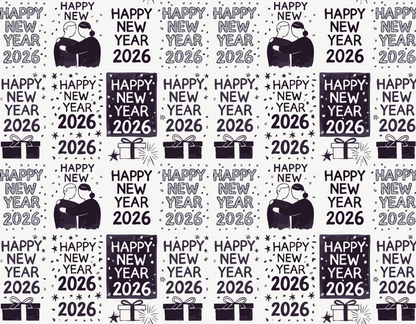 New Year 2026 celebration pattern for wrapping paper featuring colorful fireworks and cheerful typography.