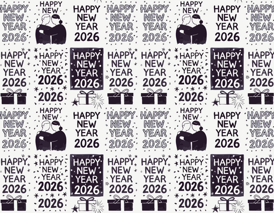New Year 2026 celebration pattern for wrapping paper featuring colorful fireworks and cheerful typography.