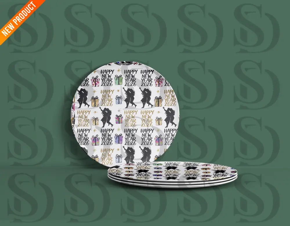 Seamless pattern with black dancing silhouettes and multi-colored gifts printed on stack of ceramic party plates.