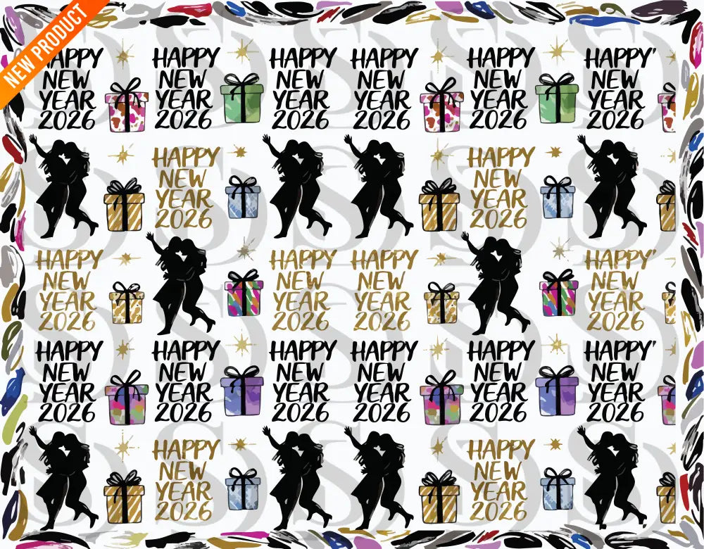 Close-up of the seamless pattern featuring repeated black silhouettes of dancing couples, gold 'Happy New Year 2026' text, and colored gift boxes on white background.