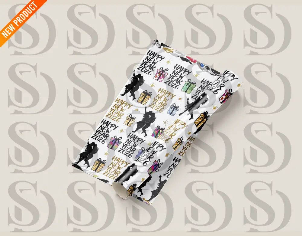Seamless pattern with 'Happy New Year 2026' text, dancing silhouettes, and colorful gift boxes on wrapping paper mockup.