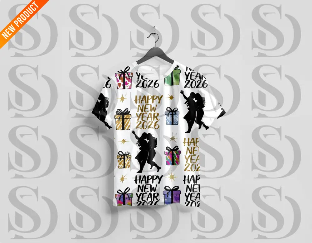 Seamless pattern with dancing couples, text, and gifts printed on a hanging white T-shirt.