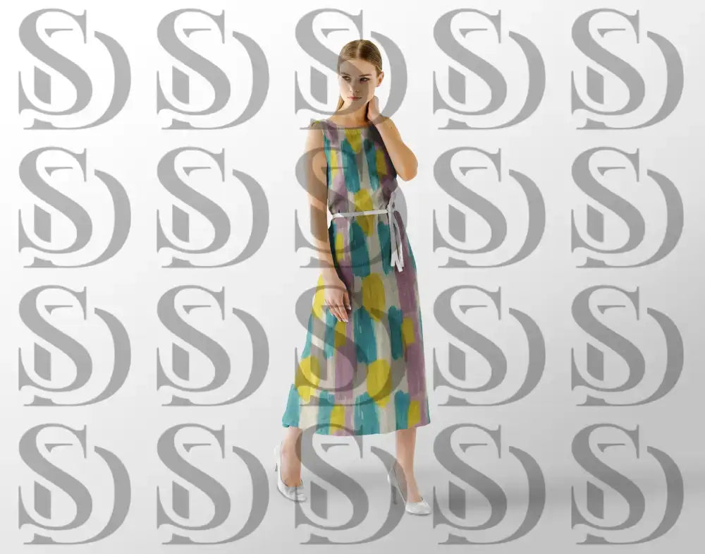 Modern pastel brush pattern displayed on a fabric dress mockup
