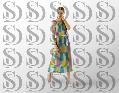 Modern pastel brush pattern displayed on a fabric dress mockup
