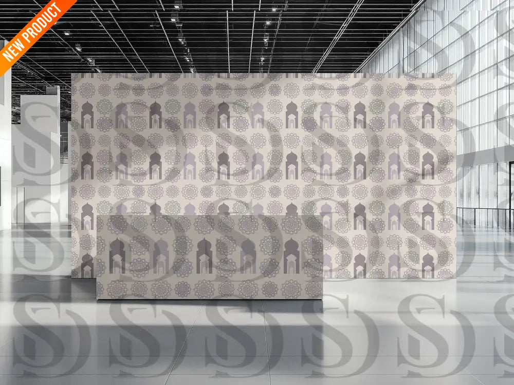 Interior wallpaper display featuring pastel Islamic arch pattern