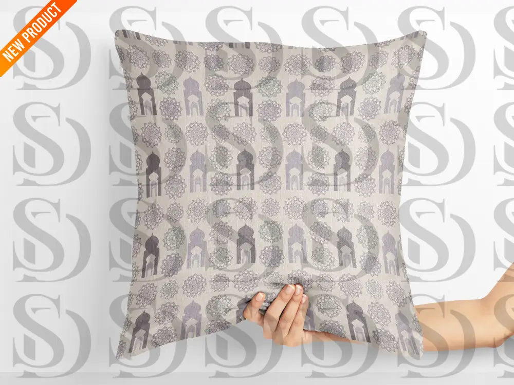 Cushion mockup with pastel Islamic geometric rosette pattern