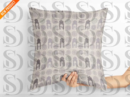 Cushion mockup with pastel Islamic geometric rosette pattern