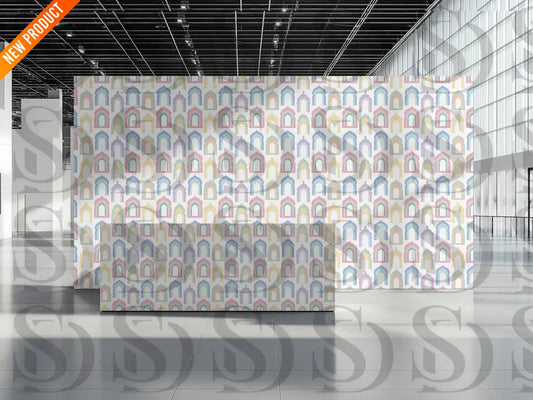Interior wallpaper display featuring pastel Islamic archway pattern