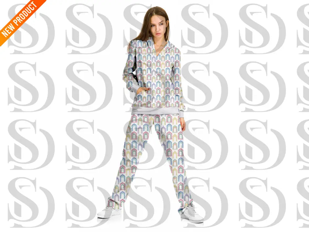 Fashion outfit mockup showcasing pastel Islamic archway design