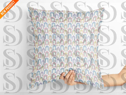 Cushion mockup with pastel Islamic archway seamless pattern