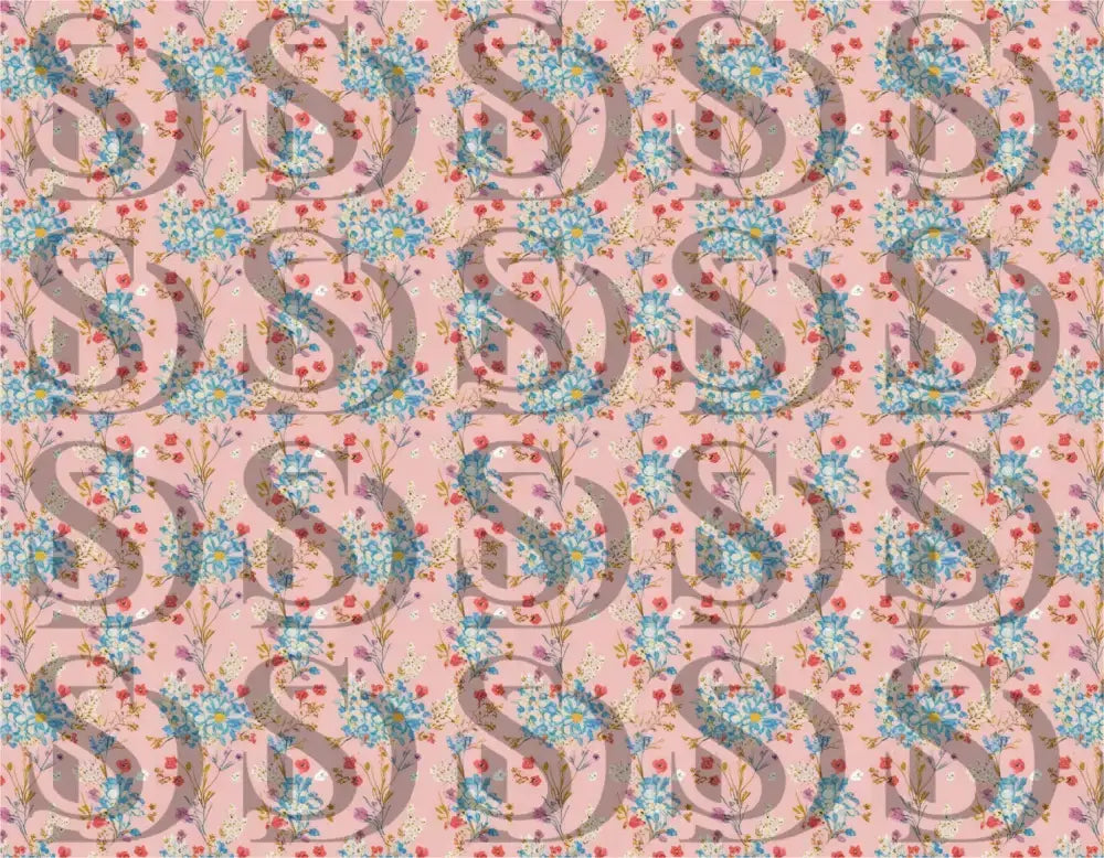 Detailed view of a seamless pastel spring floral pattern with blue and red blossoms
