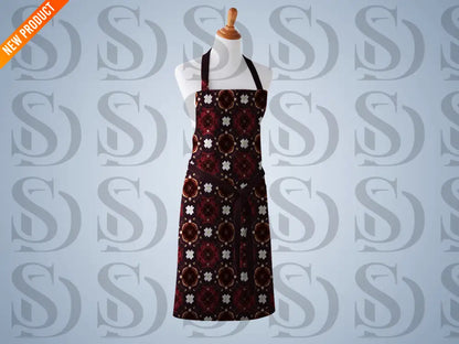 Burgundy floral damask seamless pattern displayed on kitchen apron mockup