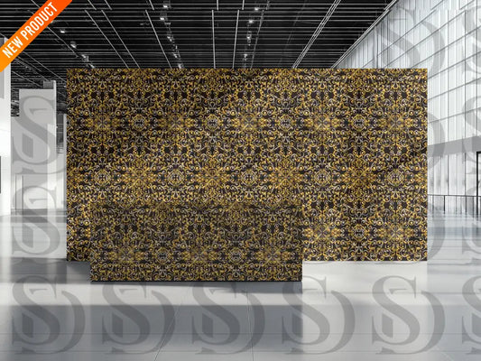 Interior wallpaper display featuring black and gold ornamental pattern