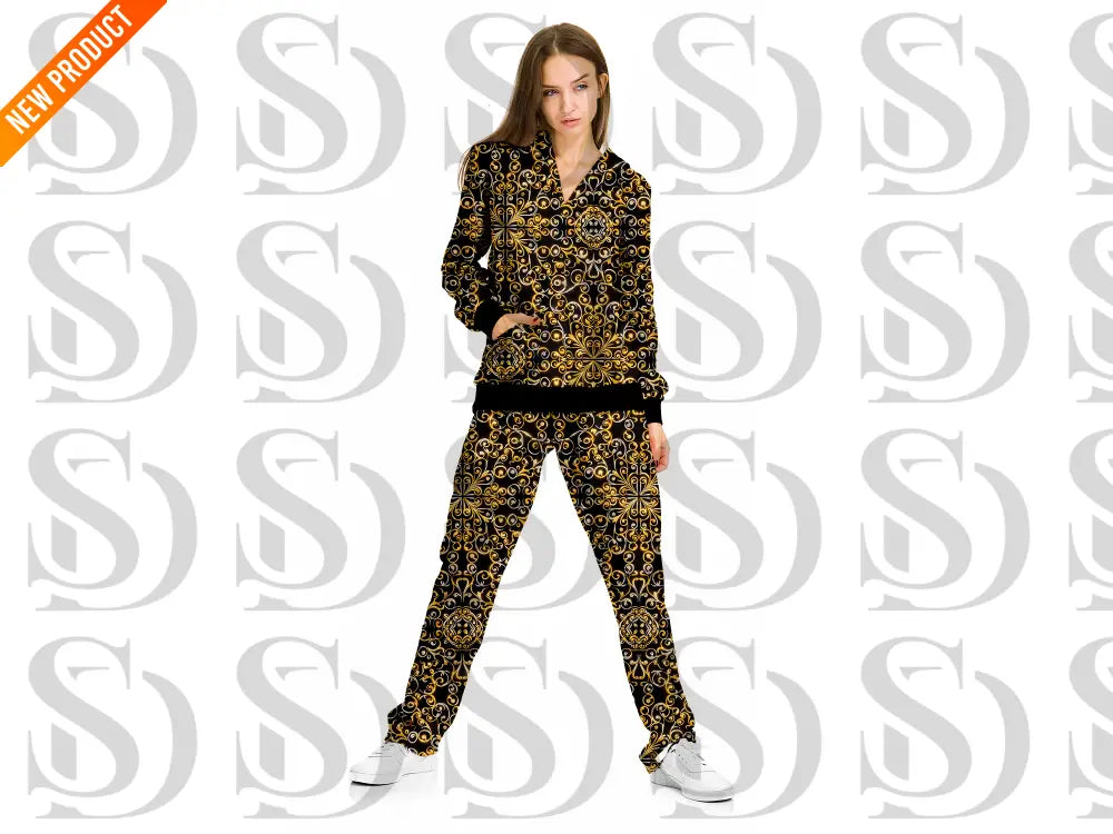 Fashion outfit mockup showcasing black and gold ornamental seamless design