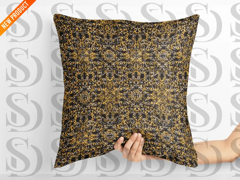 Cushion mockup with black and gold luxury ornamental pattern